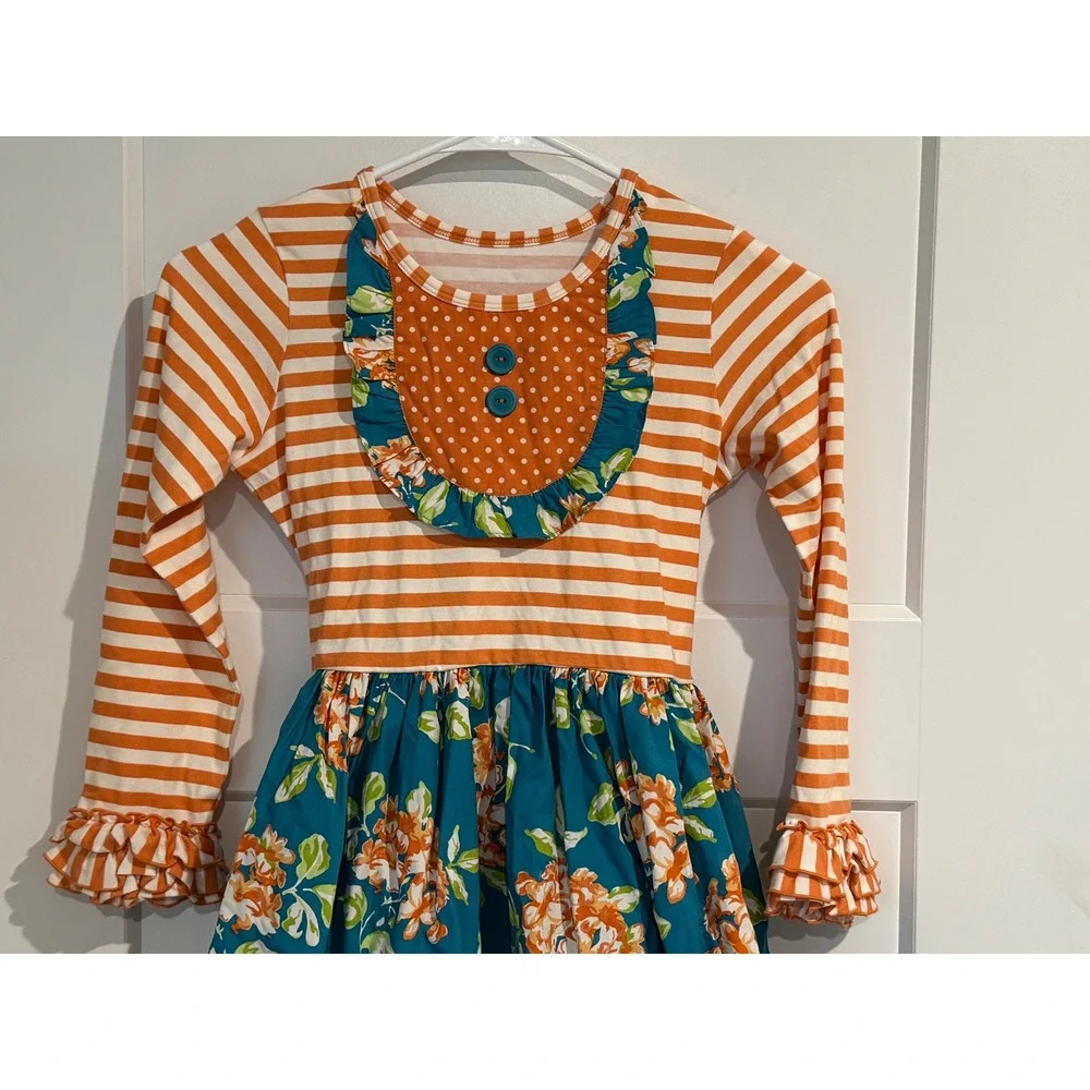 Eleanor Rose Girls Orange Teal Floral Striped Ruffle Dress Size 7-8 RHONDA 1198